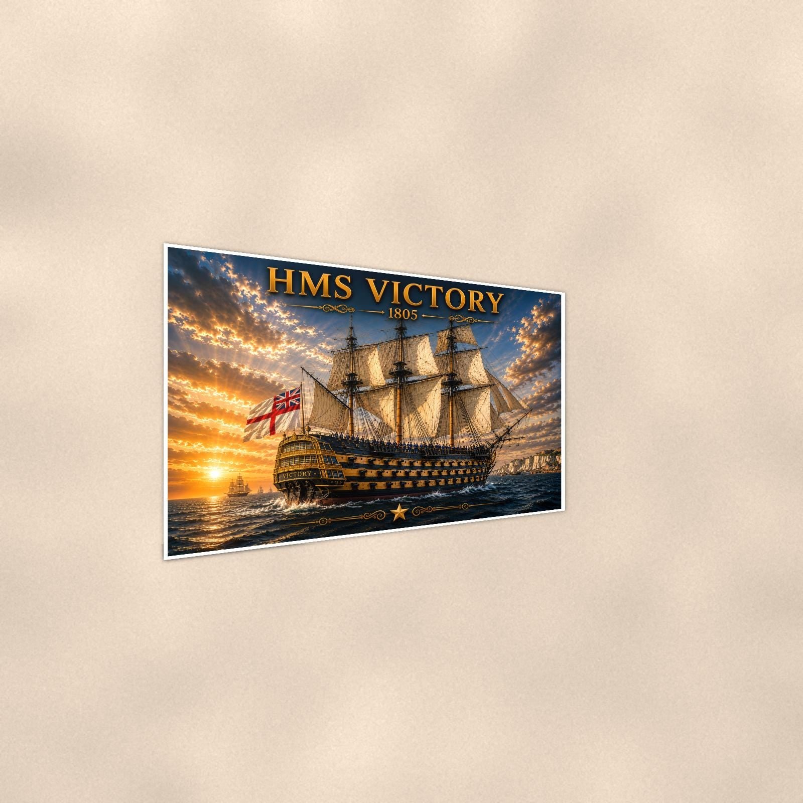 HMS Victory Tall Ship — 36x24 in art print poster, premium luster paper with a white border; steeper three-quarter angle on a warm wall, catching the luster sheen.