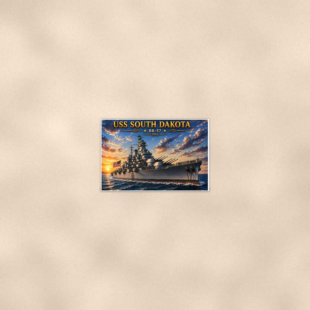 USS South Dakota Battleship — 36x24 in art print poster, premium luster paper with a white border; poster seen from further back, at true 24x36 in scale on a warm wall.