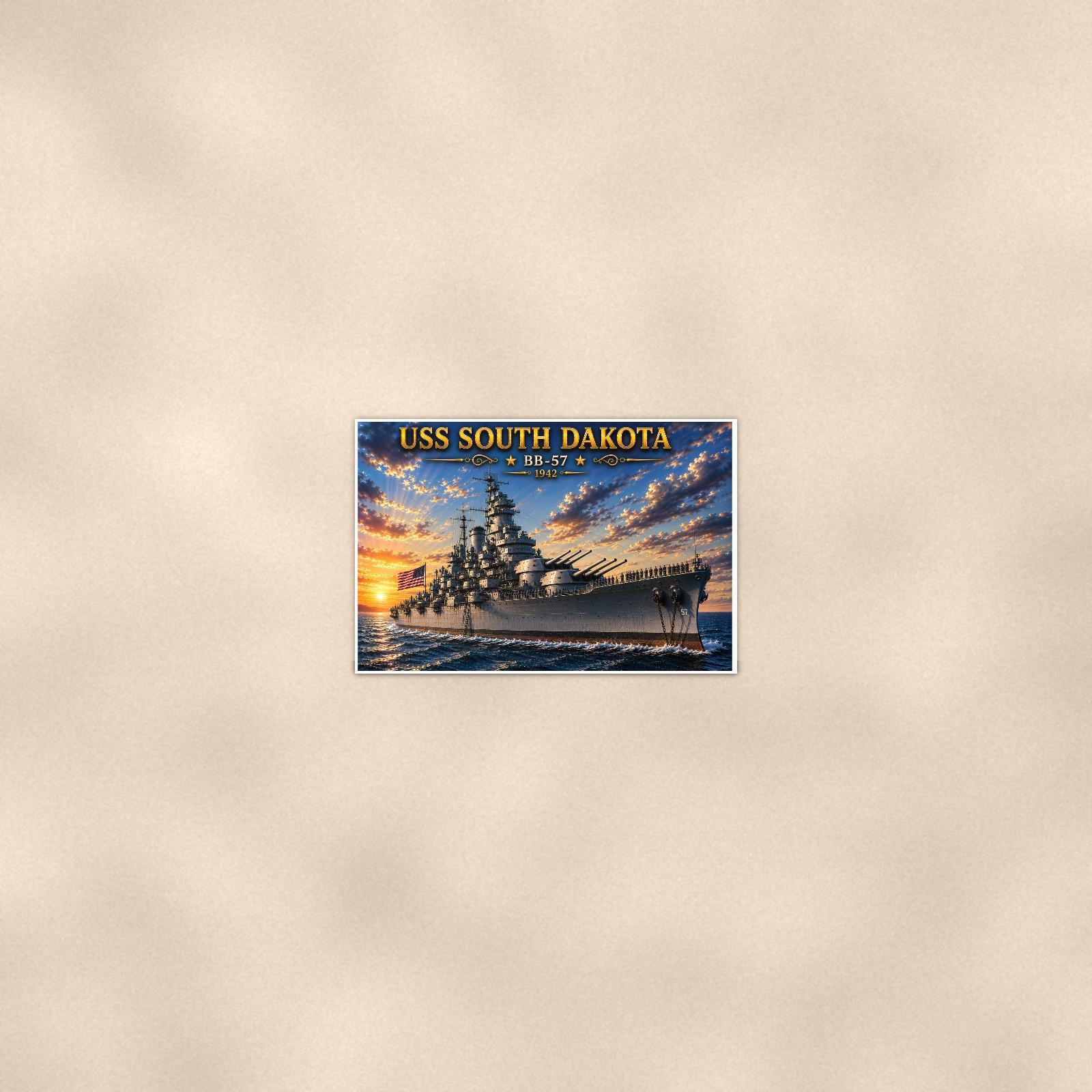 USS South Dakota Battleship — 36x24 in art print poster, premium luster paper with a white border; poster seen from further back, at true 24x36 in scale on a warm wall.
