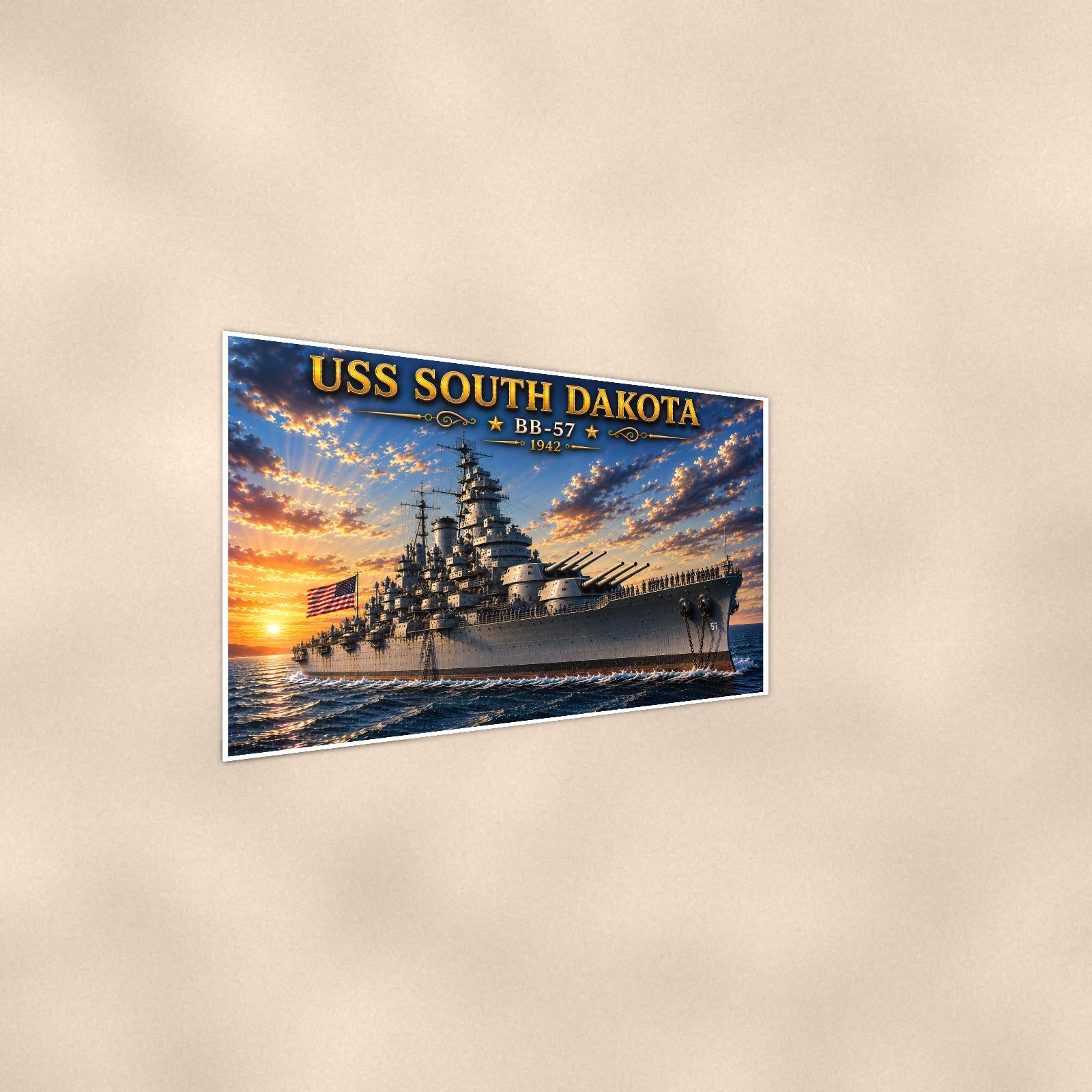 USS South Dakota Battleship — 36x24 in art print poster, premium luster paper with a white border; steeper three-quarter angle on a warm wall, catching the luster sheen.