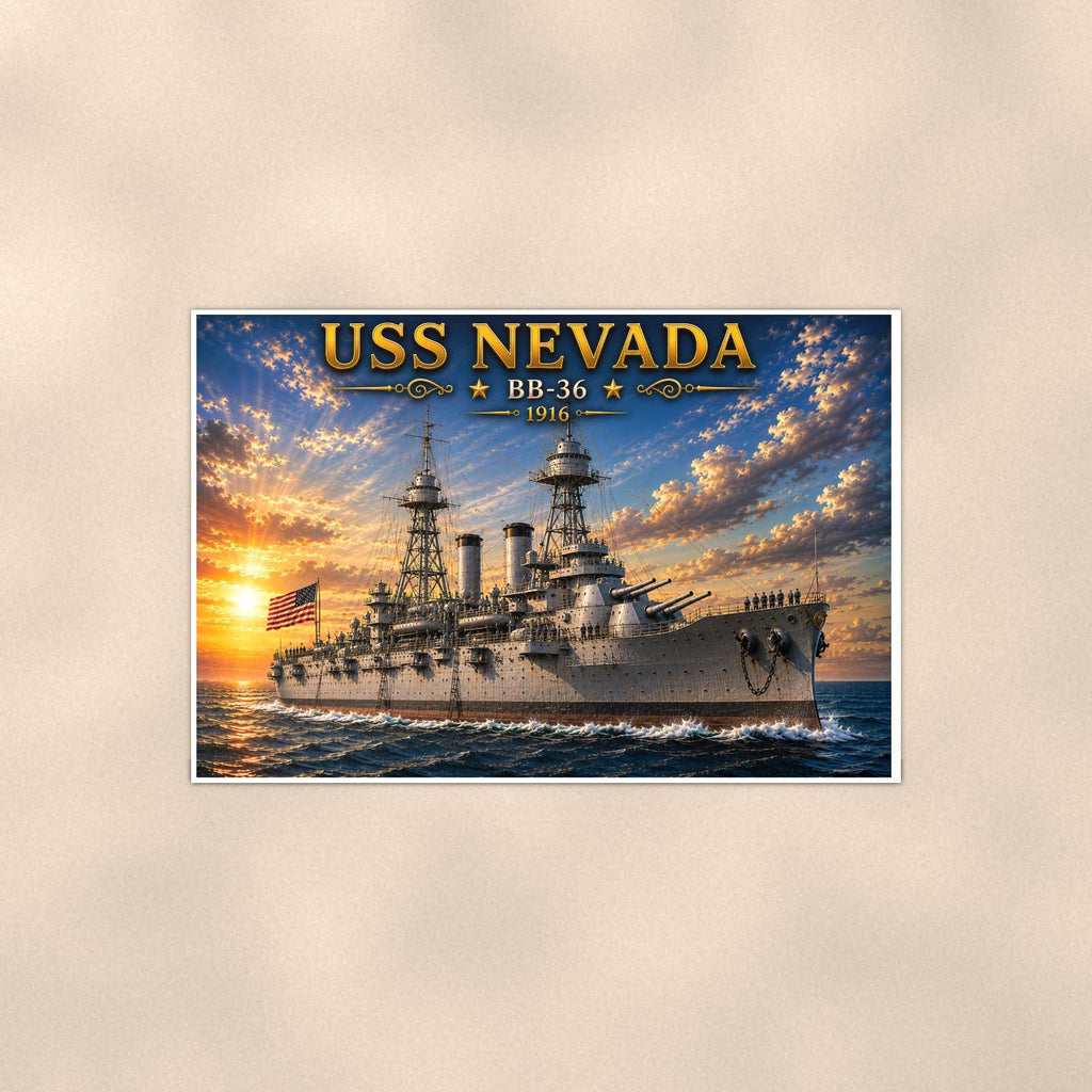 USS Nevada Battleship — 36x24 in art print poster, premium luster paper with a white border; poster shown straight on against a warm wall.