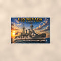 USS Nevada Battleship — 36x24 in art print poster, premium luster paper with a white border; poster shown straight on against a warm wall.