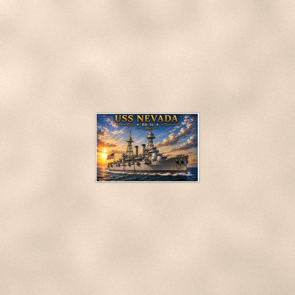 USS Nevada Battleship — 36x24 in art print poster, premium luster paper with a white border; poster seen from further back, at true 24x36 in scale on a warm wall.
