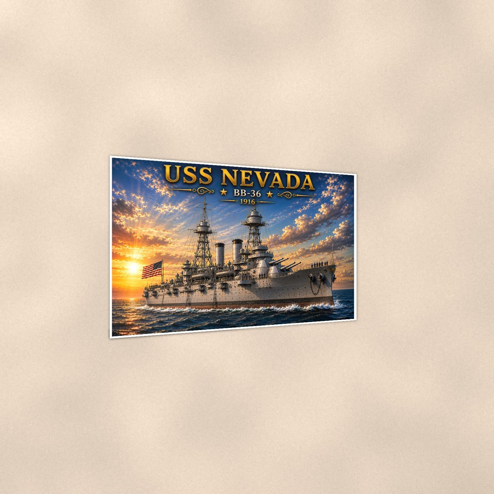 USS Nevada Battleship — 36x24 in art print poster, premium luster paper with a white border; gentle three-quarter angle on a warm wall, showing the flat paper edge.