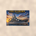USS Alabama Battleship — 36x24 in art print poster, premium luster paper with a white border; poster shown straight on against a warm wall.