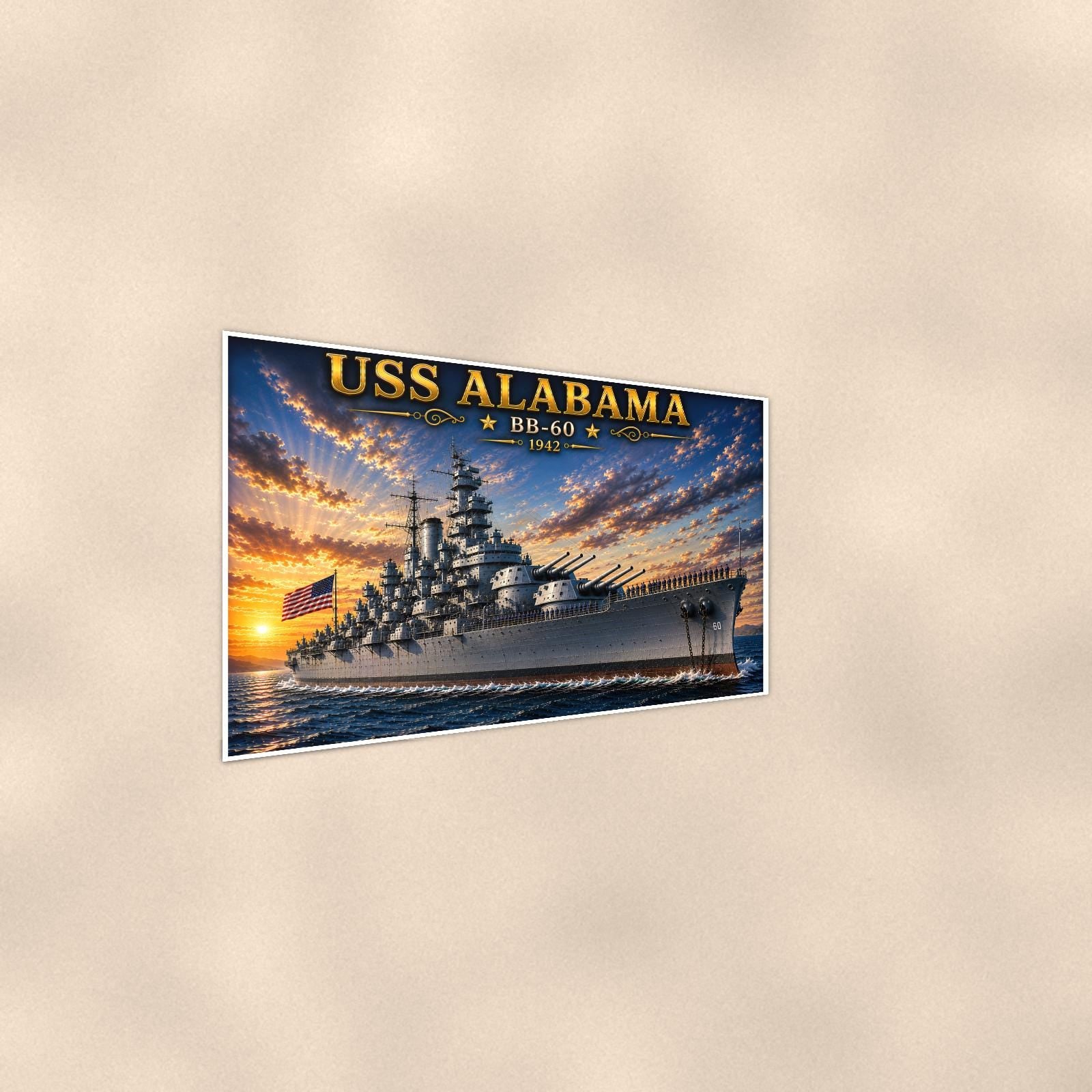 USS Alabama Battleship — 36x24 in art print poster, premium luster paper with a white border; steeper three-quarter angle on a warm wall, catching the luster sheen.