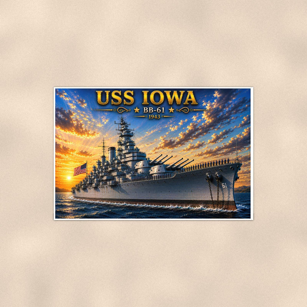 USS Iowa Battleship — 36x24 in art print poster, premium luster paper with a white border; poster shown straight on against a warm wall.