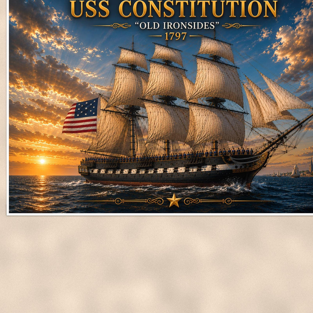 USS Constitution — 36x24 in art print poster, premium luster paper with a white border; close-up framed on the main subject of the artwork, paper surface visible.