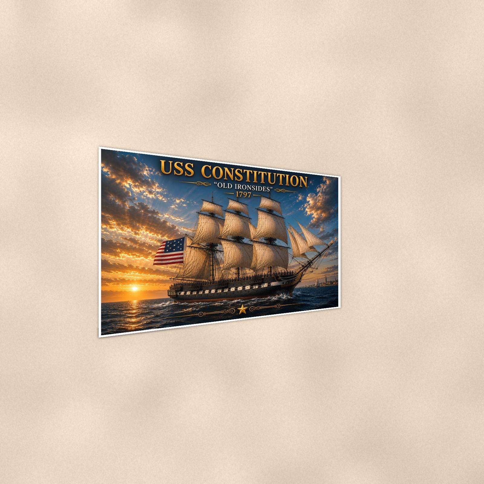 USS Constitution — 36x24 in art print poster, premium luster paper with a white border; steeper three-quarter angle on a warm wall, catching the luster sheen.