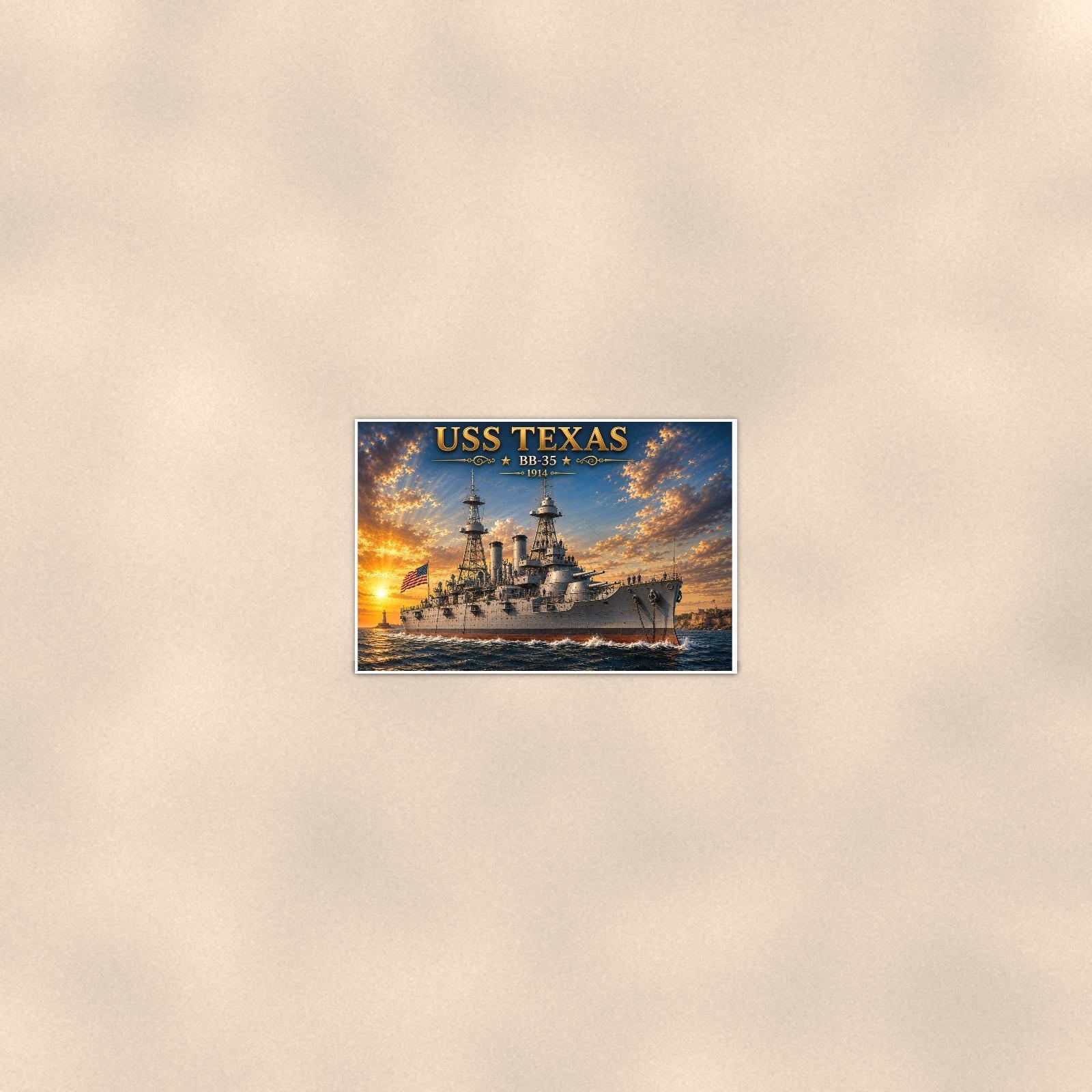 USS Texas Battleship — 36x24 in art print poster, premium luster paper with a white border; poster seen from further back, at true 24x36 in scale on a warm wall.