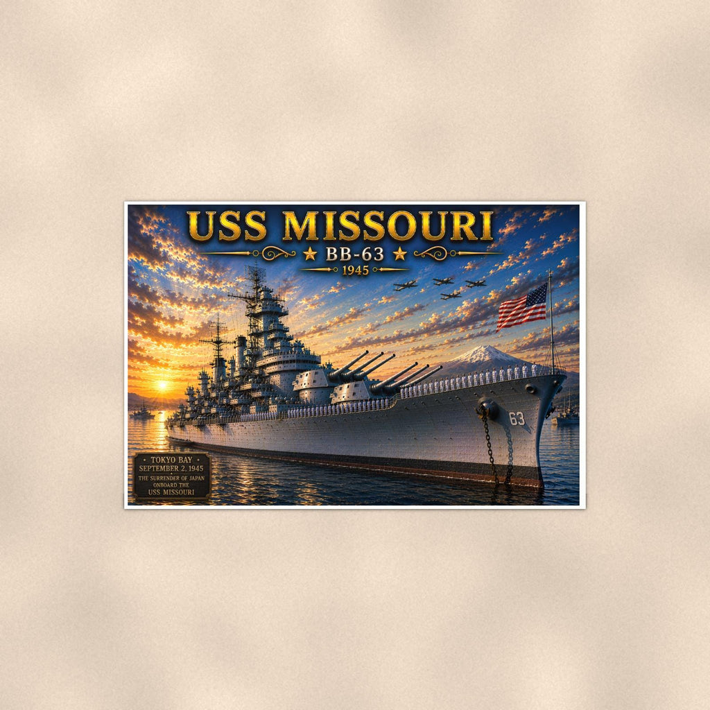 USS Missouri Battleship — 36x24 in art print poster, premium luster paper with a white border; poster shown straight on against a warm wall.