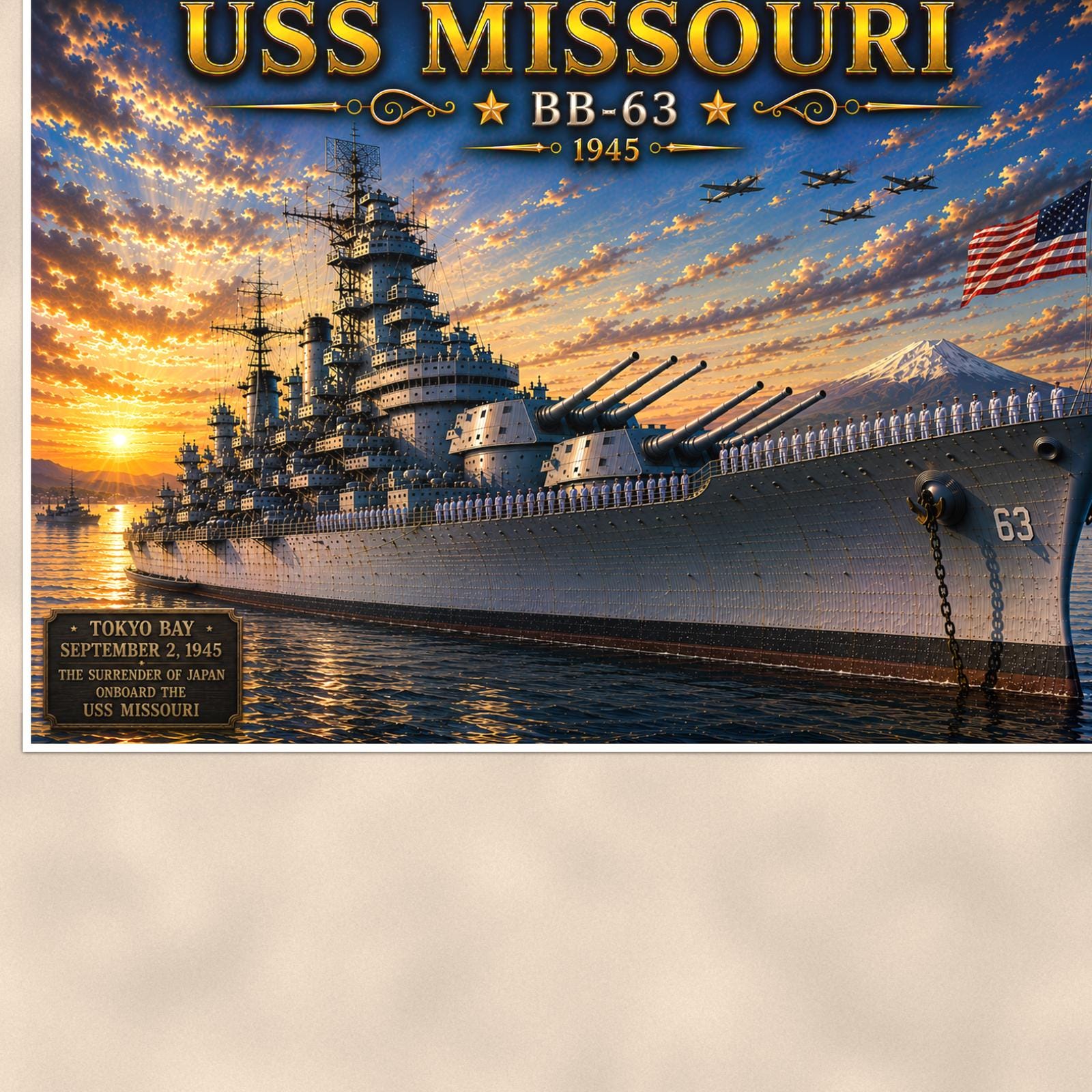 USS Missouri Battleship — 36x24 in art print poster, premium luster paper with a white border; close-up framed on the main subject of the artwork, paper surface visible.