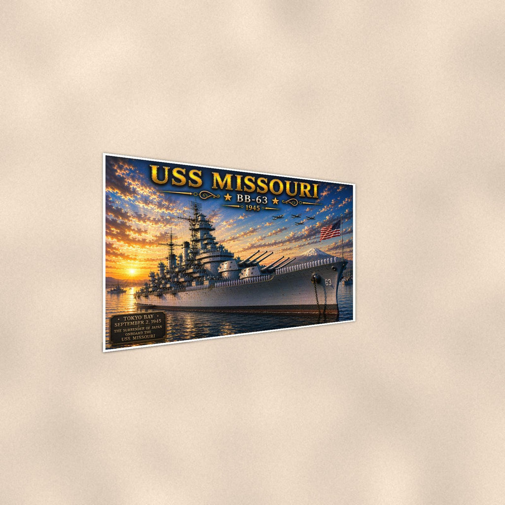 USS Missouri Battleship — 36x24 in art print poster, premium luster paper with a white border; steeper three-quarter angle on a warm wall, catching the luster sheen.