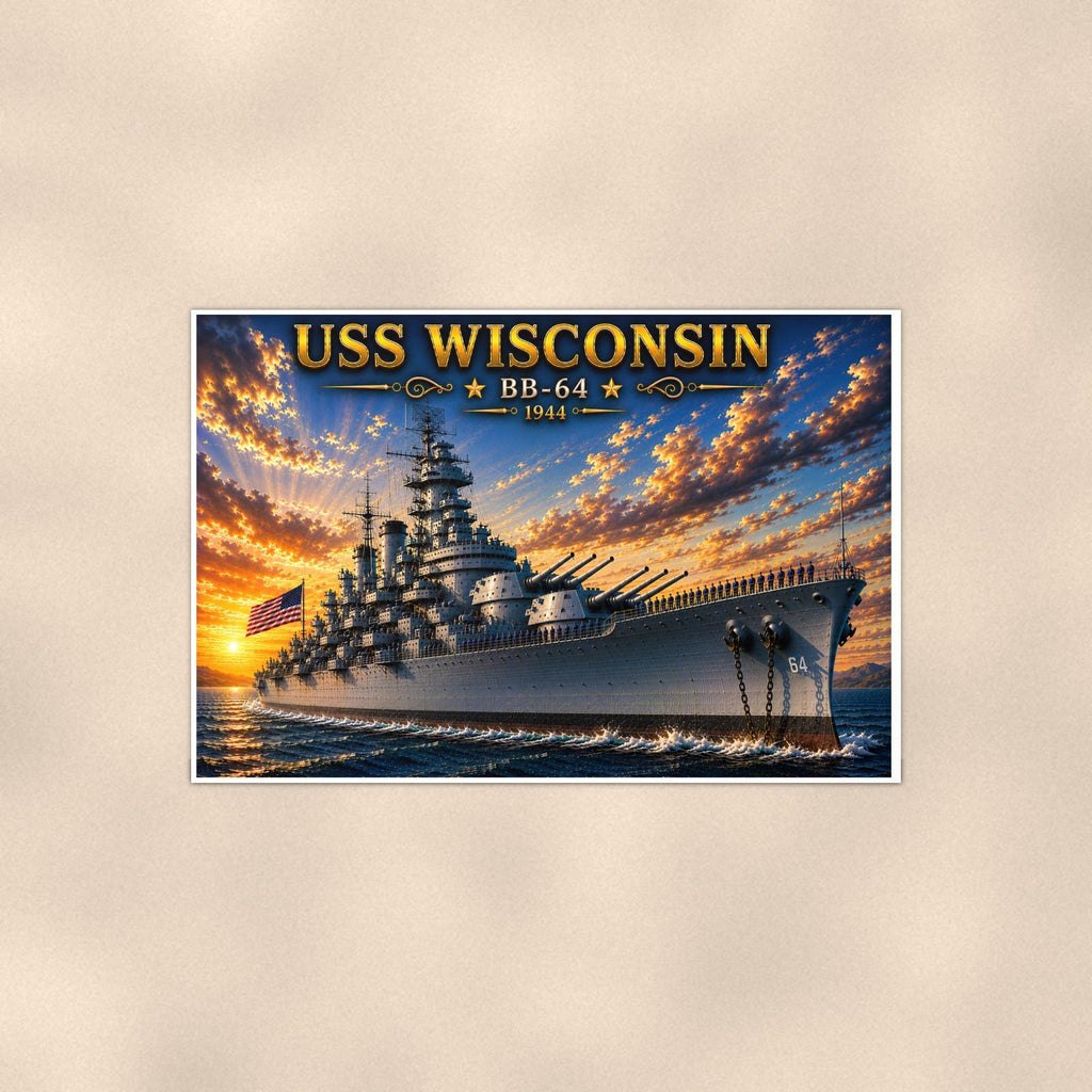 USS Wisconsin Battleship — 36x24 in art print poster, premium luster paper with a white border; poster shown straight on against a warm wall.