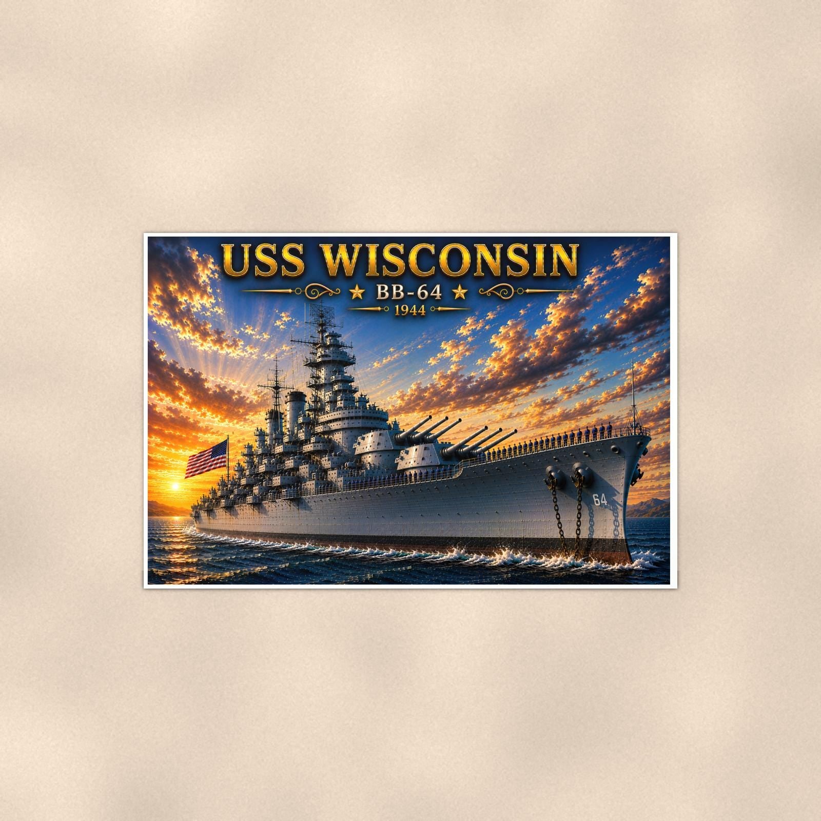 USS Wisconsin Battleship — 36x24 in art print poster, premium luster paper with a white border; poster shown straight on against a warm wall.