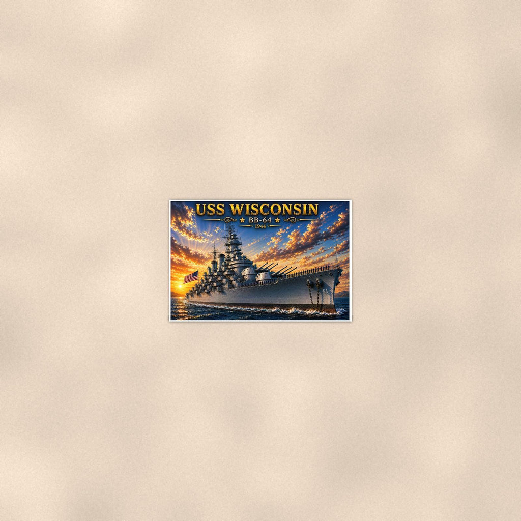 USS Wisconsin Battleship — 36x24 in art print poster, premium luster paper with a white border; poster seen from further back, at true 24x36 in scale on a warm wall.