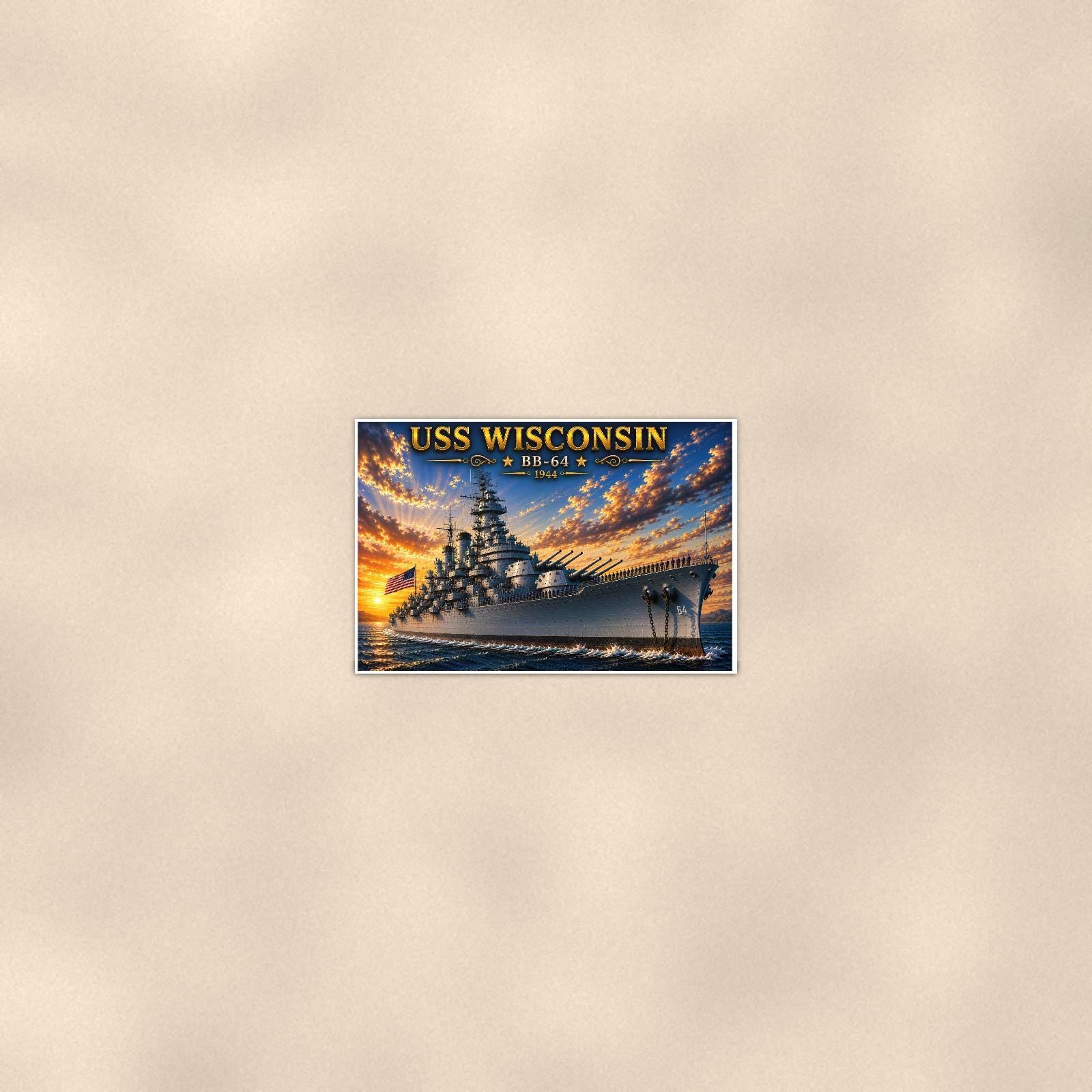 USS Wisconsin Battleship — 36x24 in art print poster, premium luster paper with a white border; poster seen from further back, at true 24x36 in scale on a warm wall.