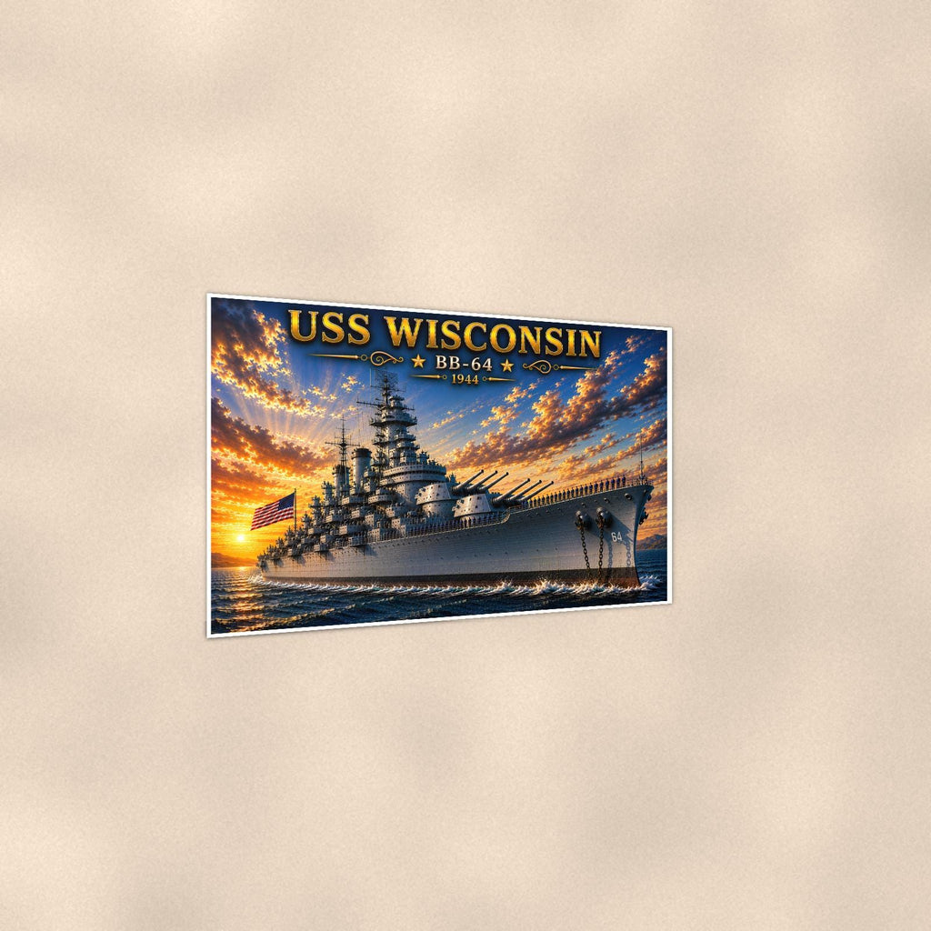 USS Wisconsin Battleship — 36x24 in art print poster, premium luster paper with a white border; gentle three-quarter angle on a warm wall, showing the flat paper edge.