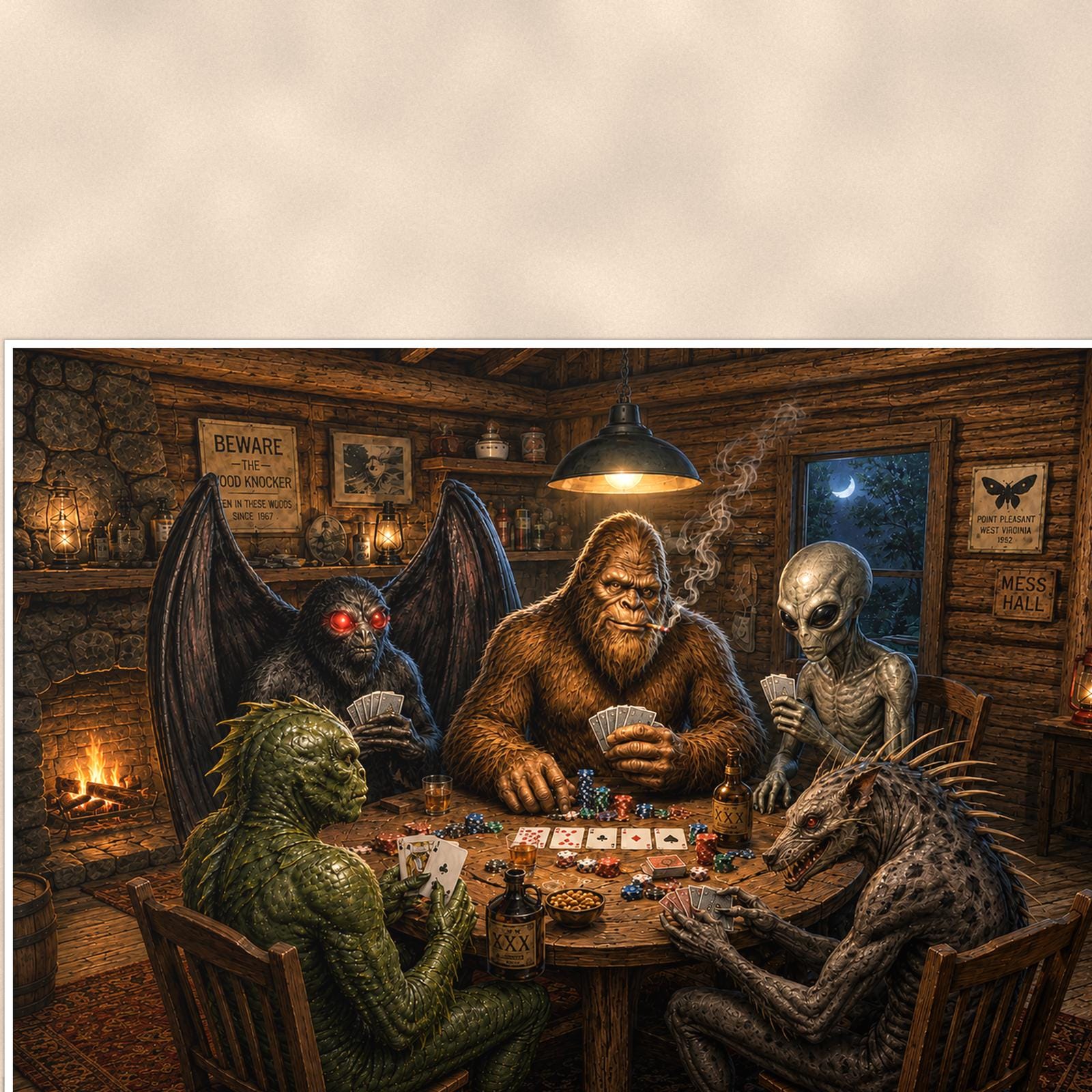 Cryptid Poker Night Bigfoot — 36x24 in art print poster, premium luster paper with a white border; close-up framed on the main subject of the artwork, paper surface visible.