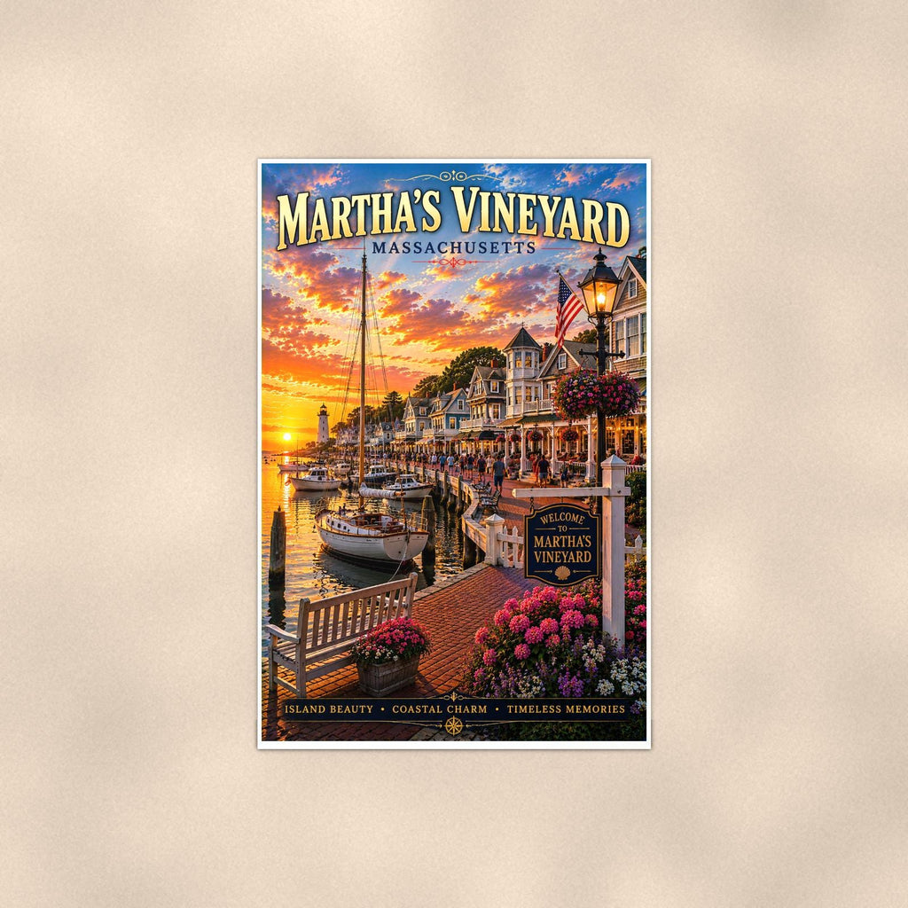 New England coastal town — 24x36 in art print poster, premium luster paper with a white border; poster shown straight on against a warm wall.