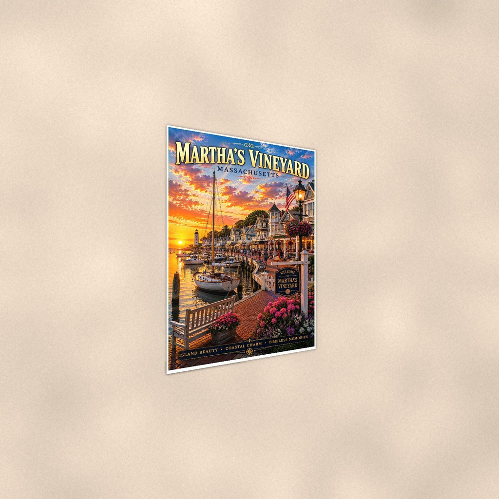 New England coastal town — 24x36 in art print poster, premium luster paper with a white border; steeper three-quarter angle on a warm wall, catching the luster sheen.