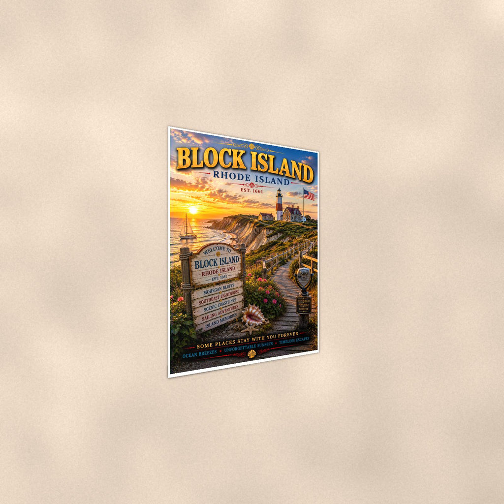 New England coastal town — 24x36 in art print poster, premium luster paper with a white border; steeper three-quarter angle on a warm wall, catching the luster sheen.