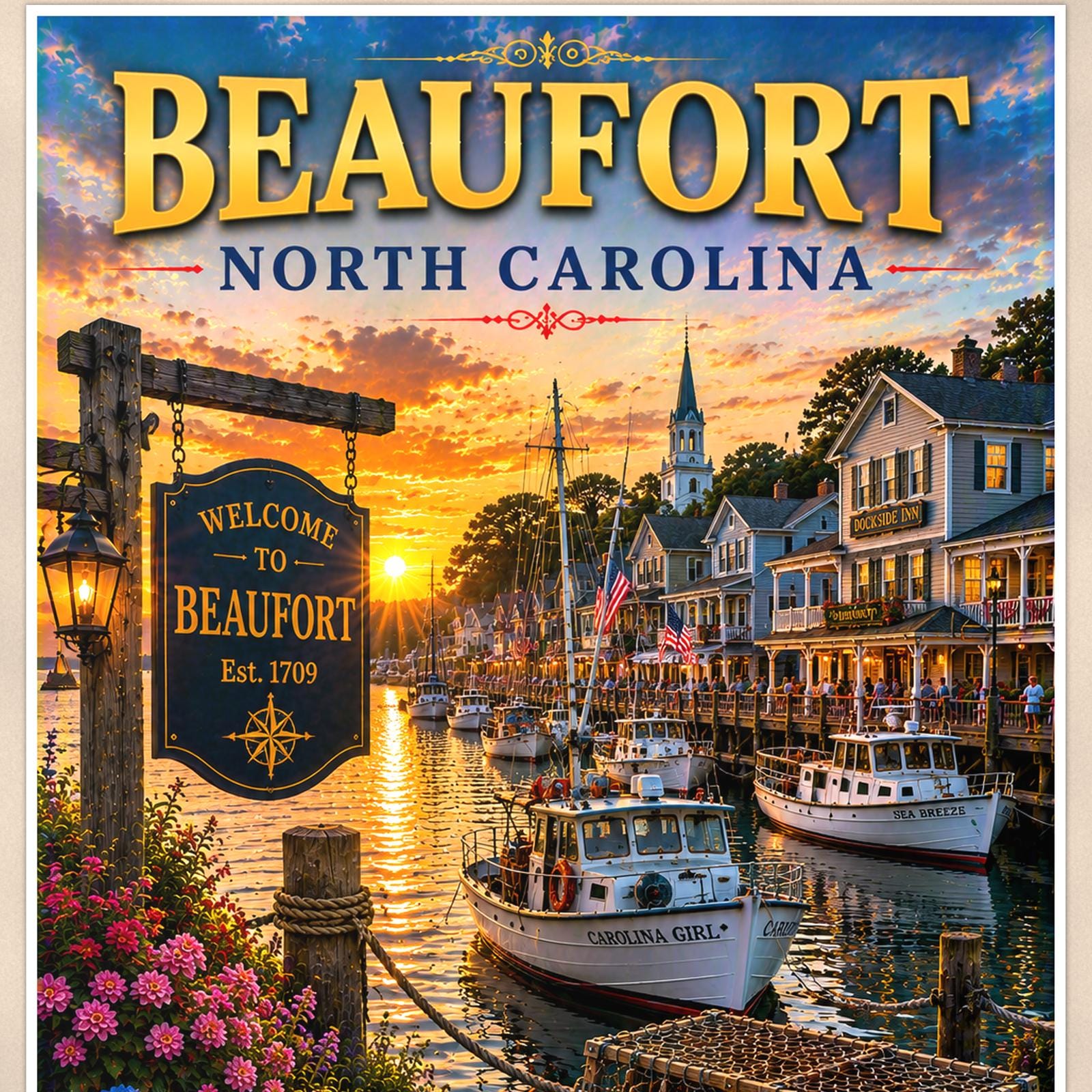 New England coastal town — 24x36 in art print poster, premium luster paper with a white border; close-up framed on the main subject of the artwork, paper surface visible.