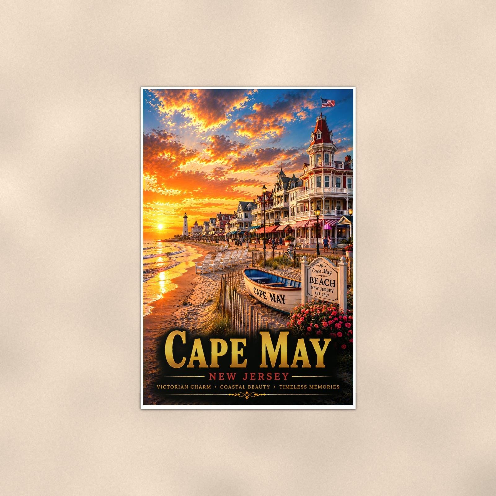 New England coastal town — 24x36 in art print poster, premium luster paper with a white border; poster shown straight on against a warm wall.