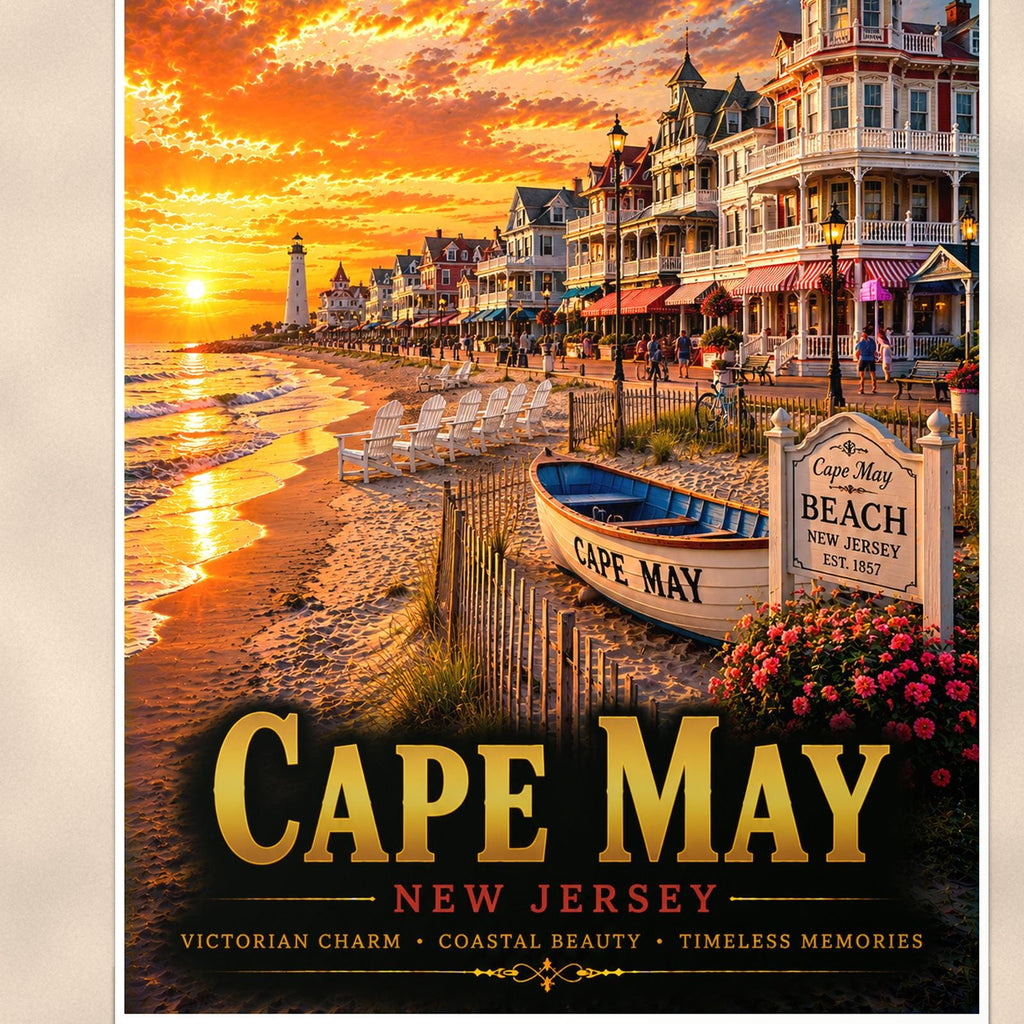 New England coastal town — 24x36 in art print poster, premium luster paper with a white border; close-up framed on the main subject of the artwork, paper surface visible.