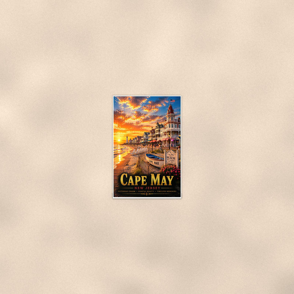 New England coastal town — 24x36 in art print poster, premium luster paper with a white border; poster seen from further back, at true 24x36 in scale on a warm wall.