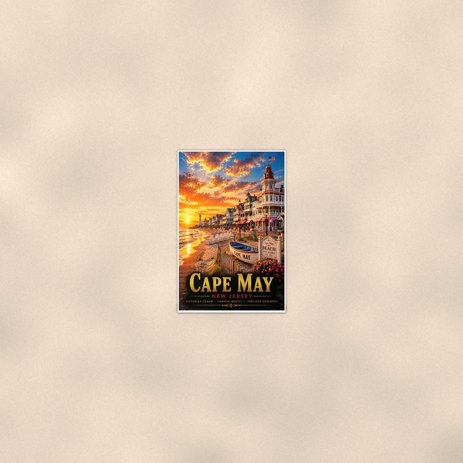 New England coastal town — 24x36 in art print poster, premium luster paper with a white border; poster seen from further back, at true 24x36 in scale on a warm wall.