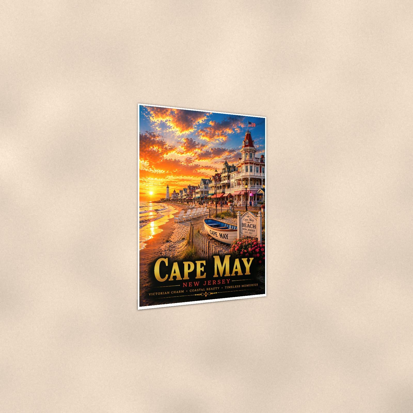 New England coastal town — 24x36 in art print poster, premium luster paper with a white border; gentle three-quarter angle on a warm wall, showing the flat paper edge.