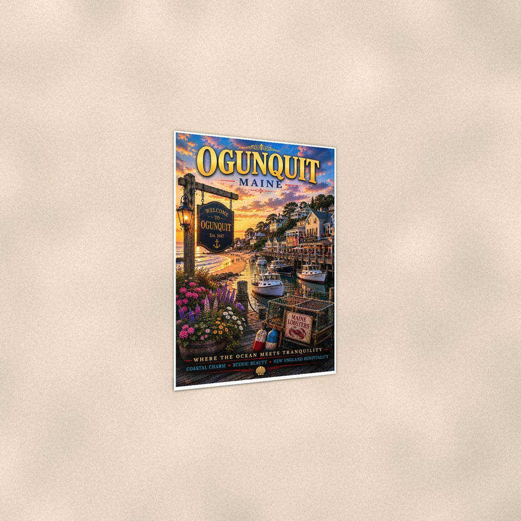 New England coastal town — 24x36 in art print poster, premium luster paper with a white border; gentle three-quarter angle on a warm wall, showing the flat paper edge.