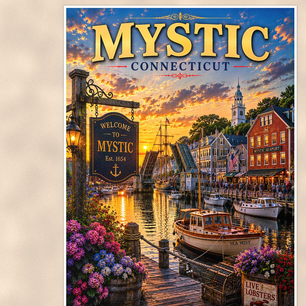 New England coastal town — 24x36 in art print poster, premium luster paper with a white border; close-up framed on the main subject of the artwork, paper surface visible.