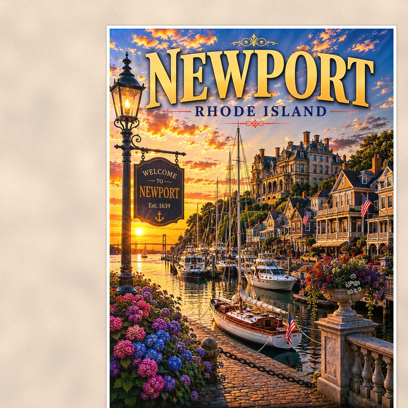 New England coastal town — 24x36 in art print poster, premium luster paper with a white border; close-up framed on the main subject of the artwork, paper surface visible.