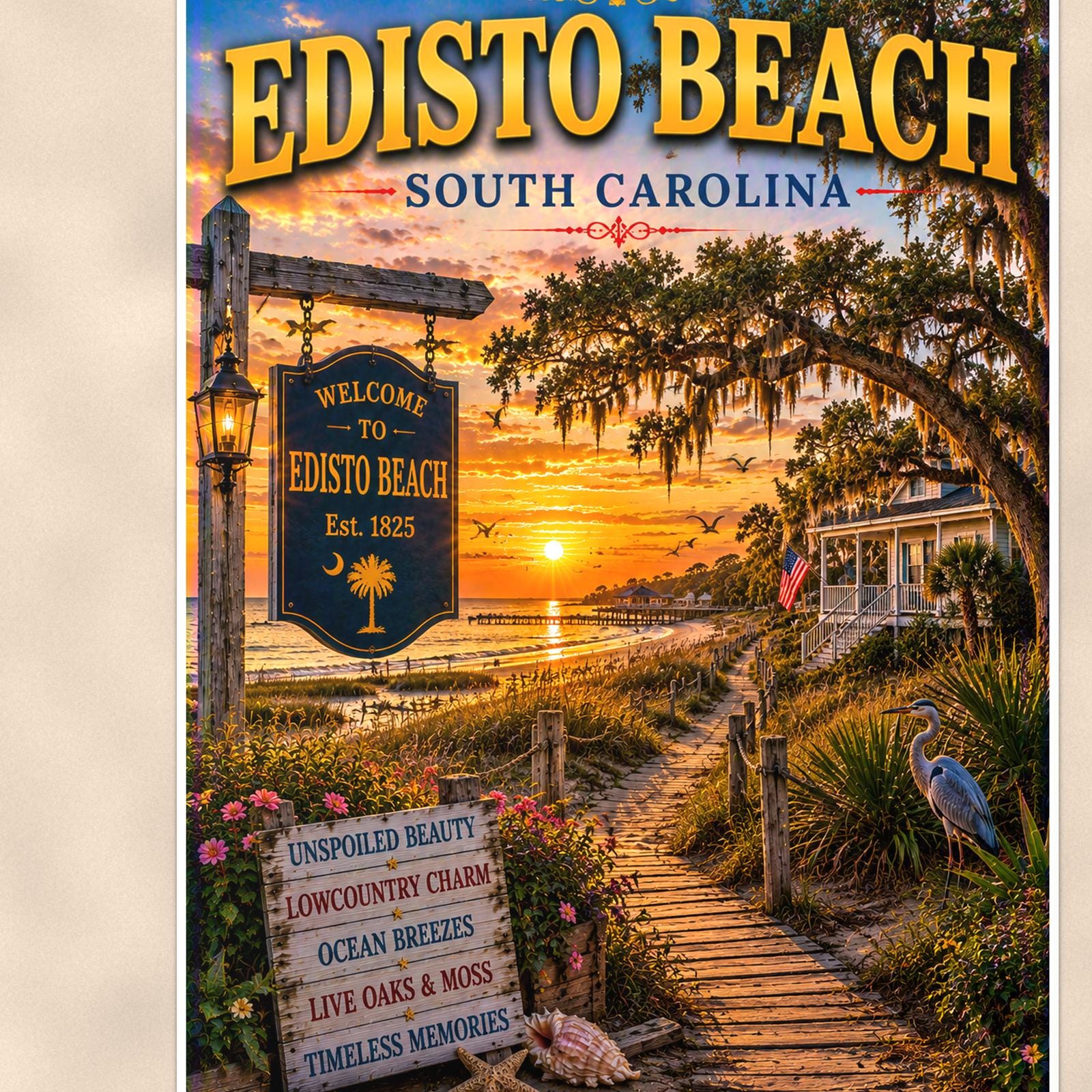 New England coastal town — 24x36 in art print poster, premium luster paper with a white border; close-up framed on the main subject of the artwork, paper surface visible.