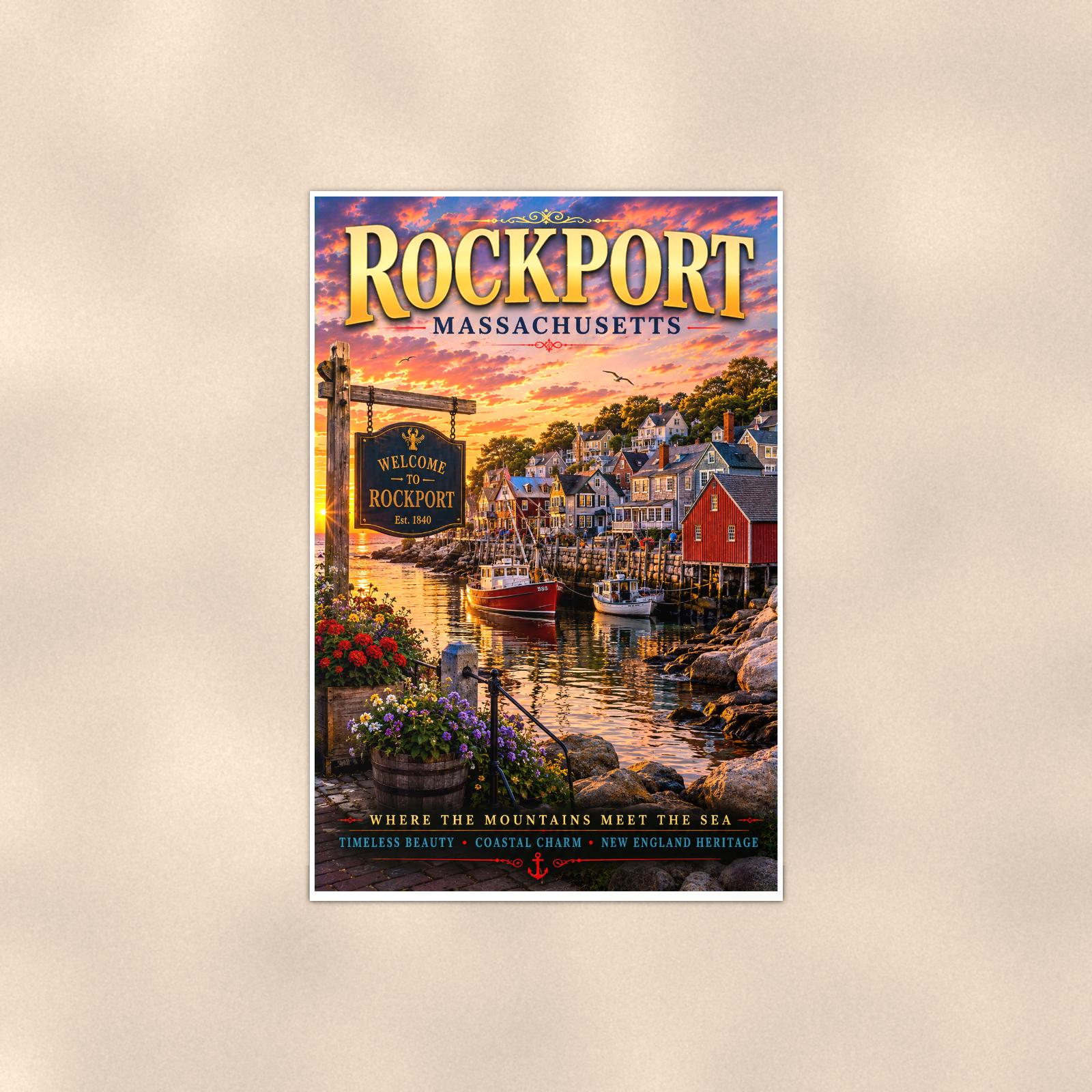 New England coastal town — 24x36 in art print poster, premium luster paper with a white border; poster shown straight on against a warm wall.