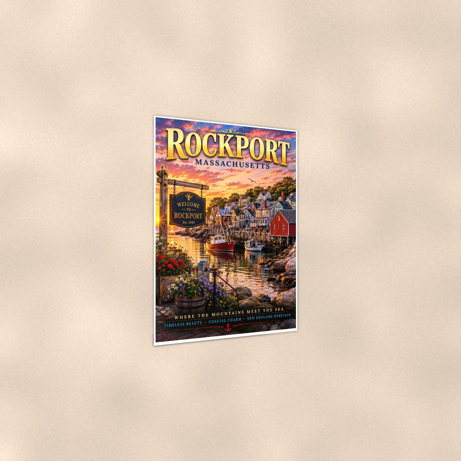 New England coastal town — 24x36 in art print poster, premium luster paper with a white border; gentle three-quarter angle on a warm wall, showing the flat paper edge.