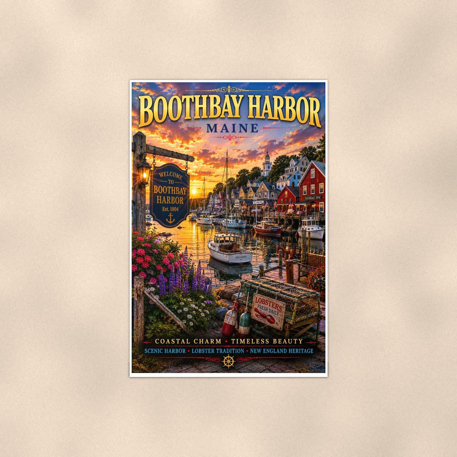 New England coastal town — 24x36 in art print poster, premium luster paper with a white border; poster shown straight on against a warm wall.