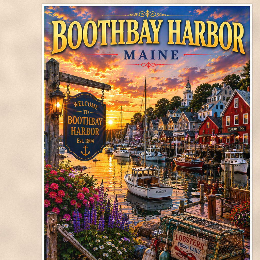New England coastal town — 24x36 in art print poster, premium luster paper with a white border; close-up framed on the main subject of the artwork, paper surface visible.