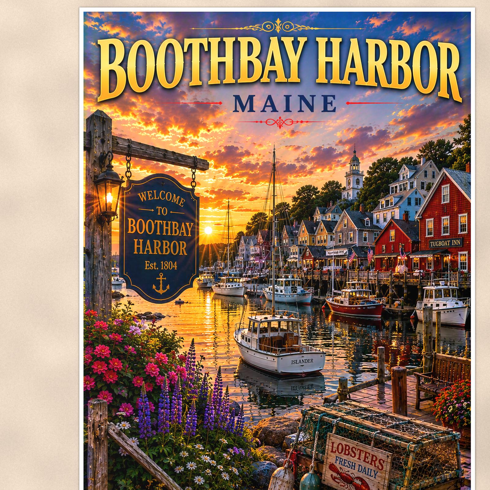 New England coastal town — 24x36 in art print poster, premium luster paper with a white border; close-up framed on the main subject of the artwork, paper surface visible.