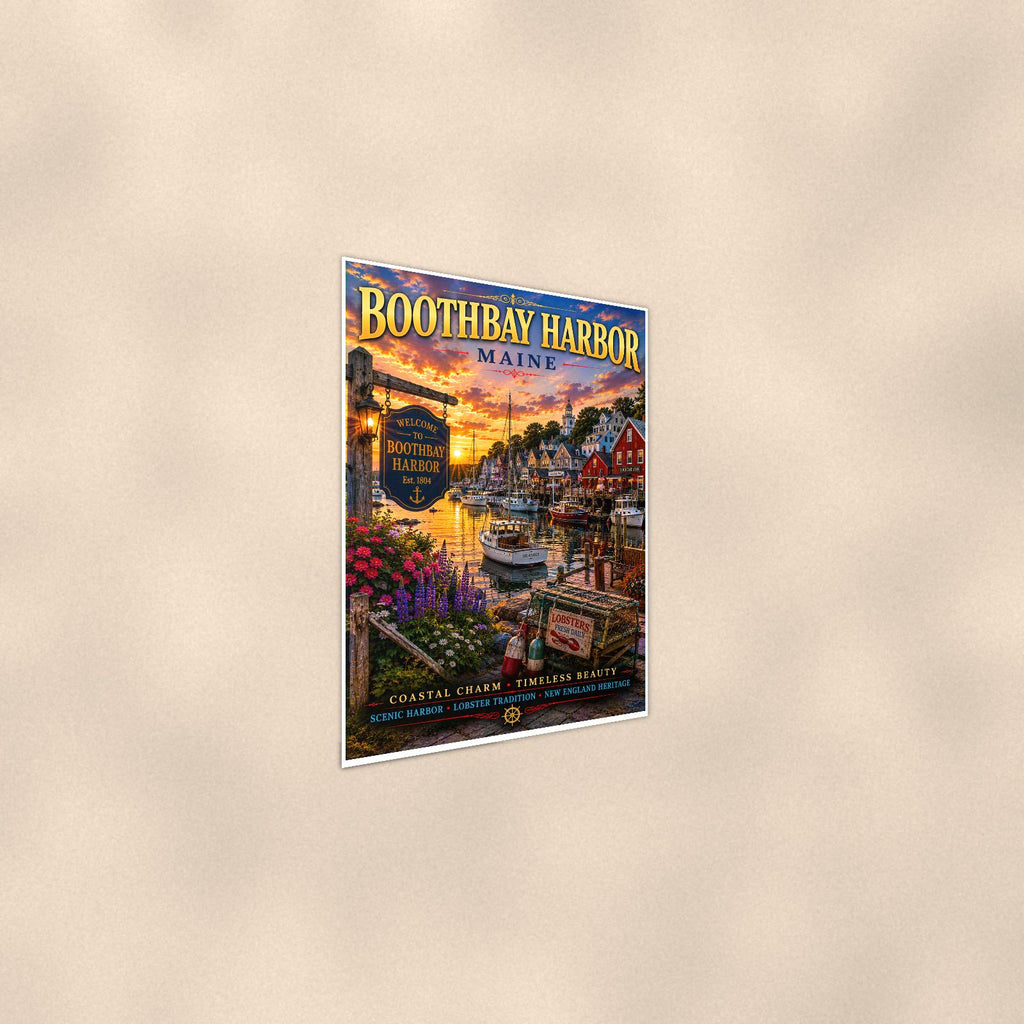 New England coastal town — 24x36 in art print poster, premium luster paper with a white border; steeper three-quarter angle on a warm wall, catching the luster sheen.