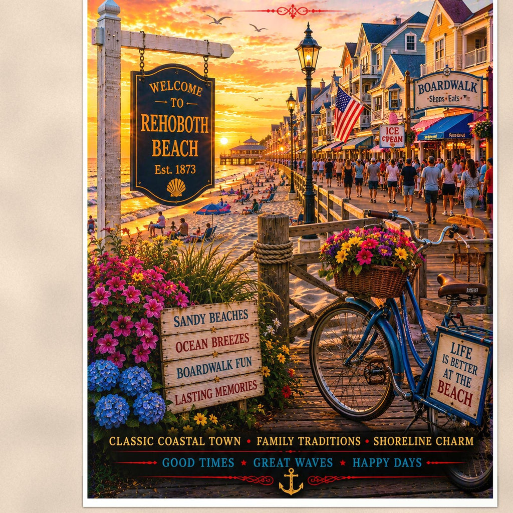 New England coastal town — 24x36 in art print poster, premium luster paper with a white border; close-up framed on the main subject of the artwork, paper surface visible.