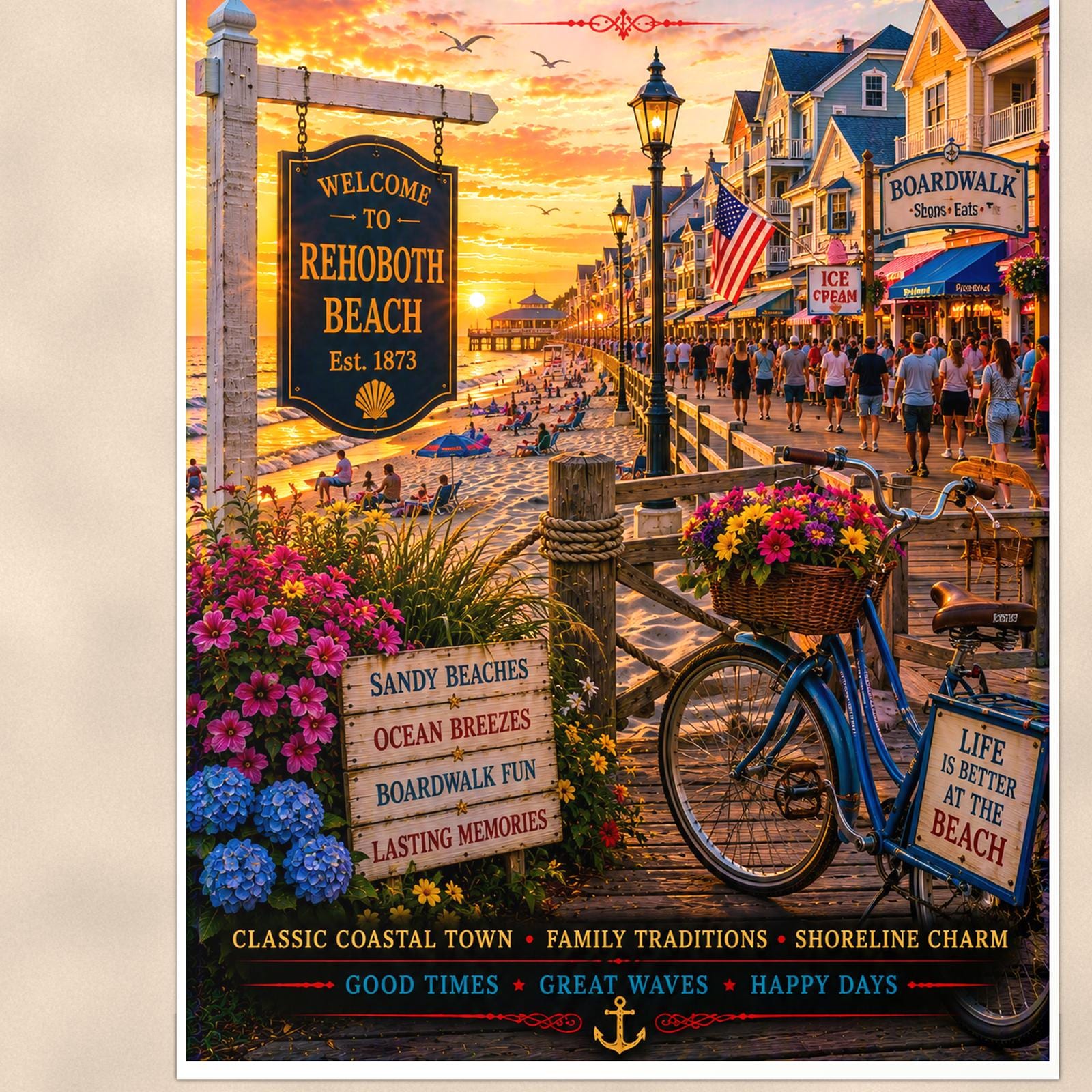 New England coastal town — 24x36 in art print poster, premium luster paper with a white border; close-up framed on the main subject of the artwork, paper surface visible.