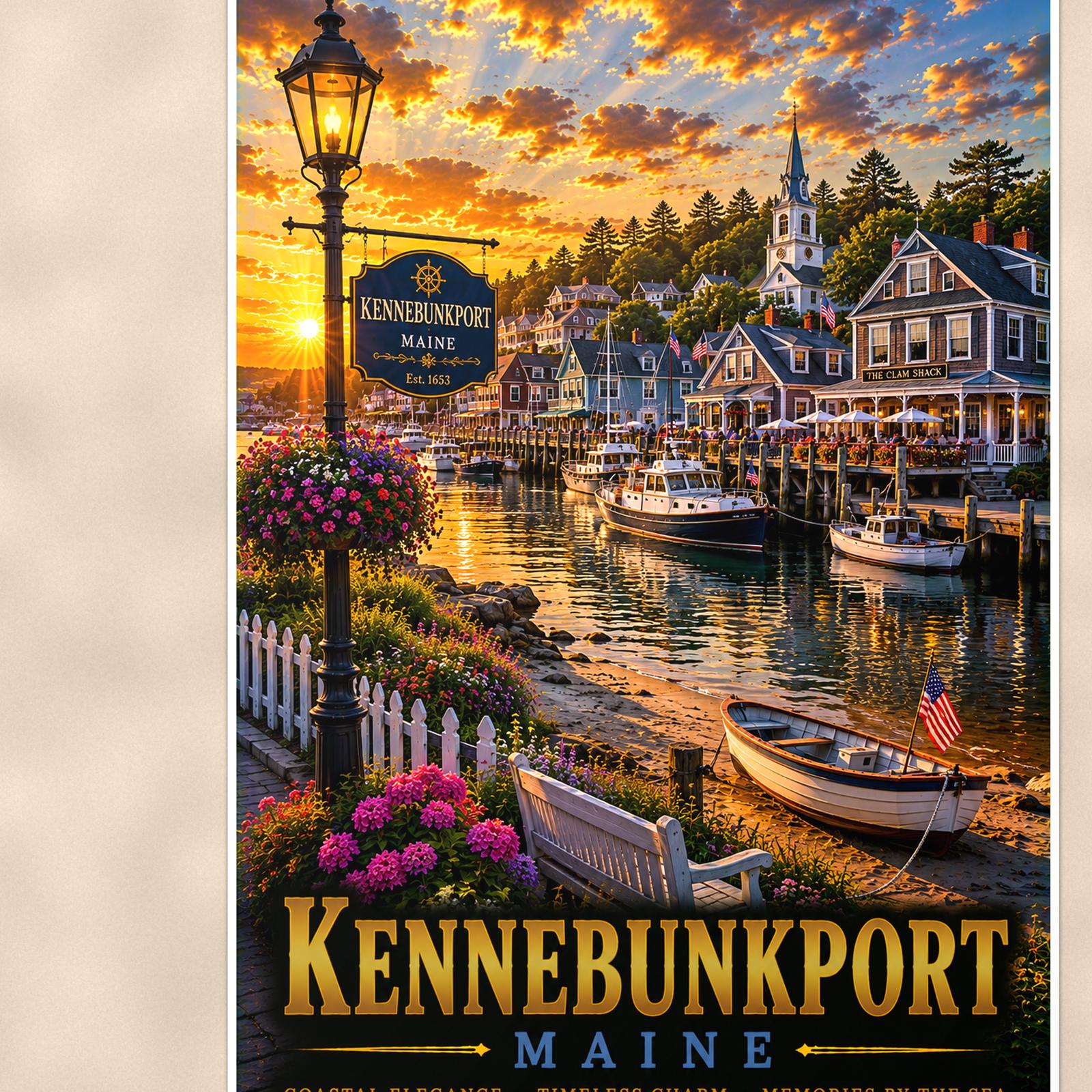 New England coastal town — 24x36 in art print poster, premium luster paper with a white border; close-up framed on the main subject of the artwork, paper surface visible.