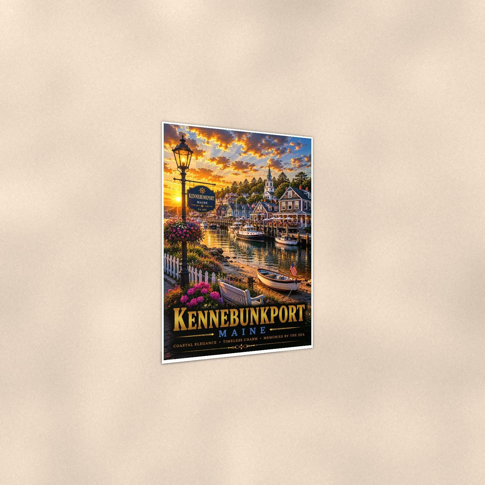 New England coastal town — 24x36 in art print poster, premium luster paper with a white border; gentle three-quarter angle on a warm wall, showing the flat paper edge.