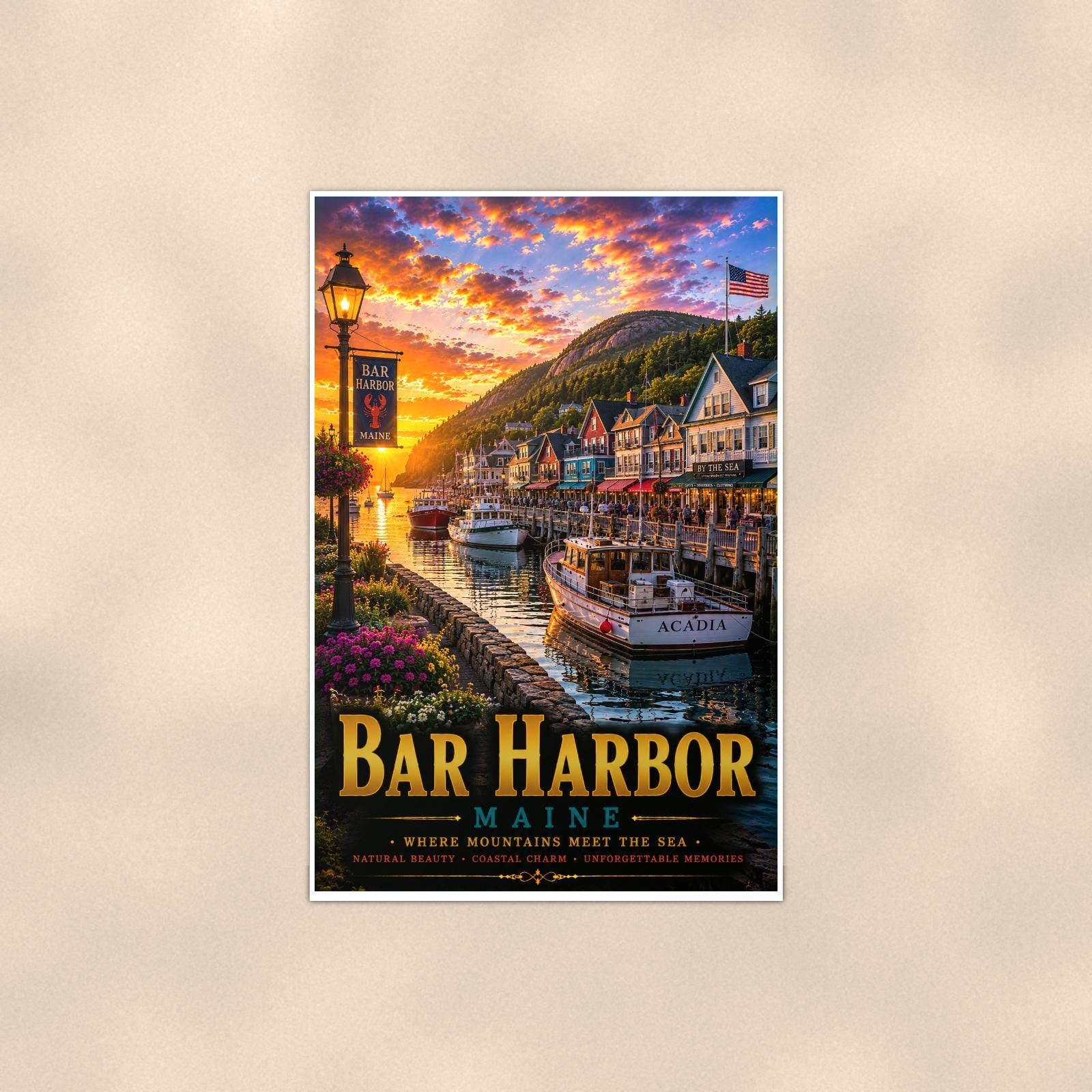New England coastal town — 24x36 in art print poster, premium luster paper with a white border; poster shown straight on against a warm wall.