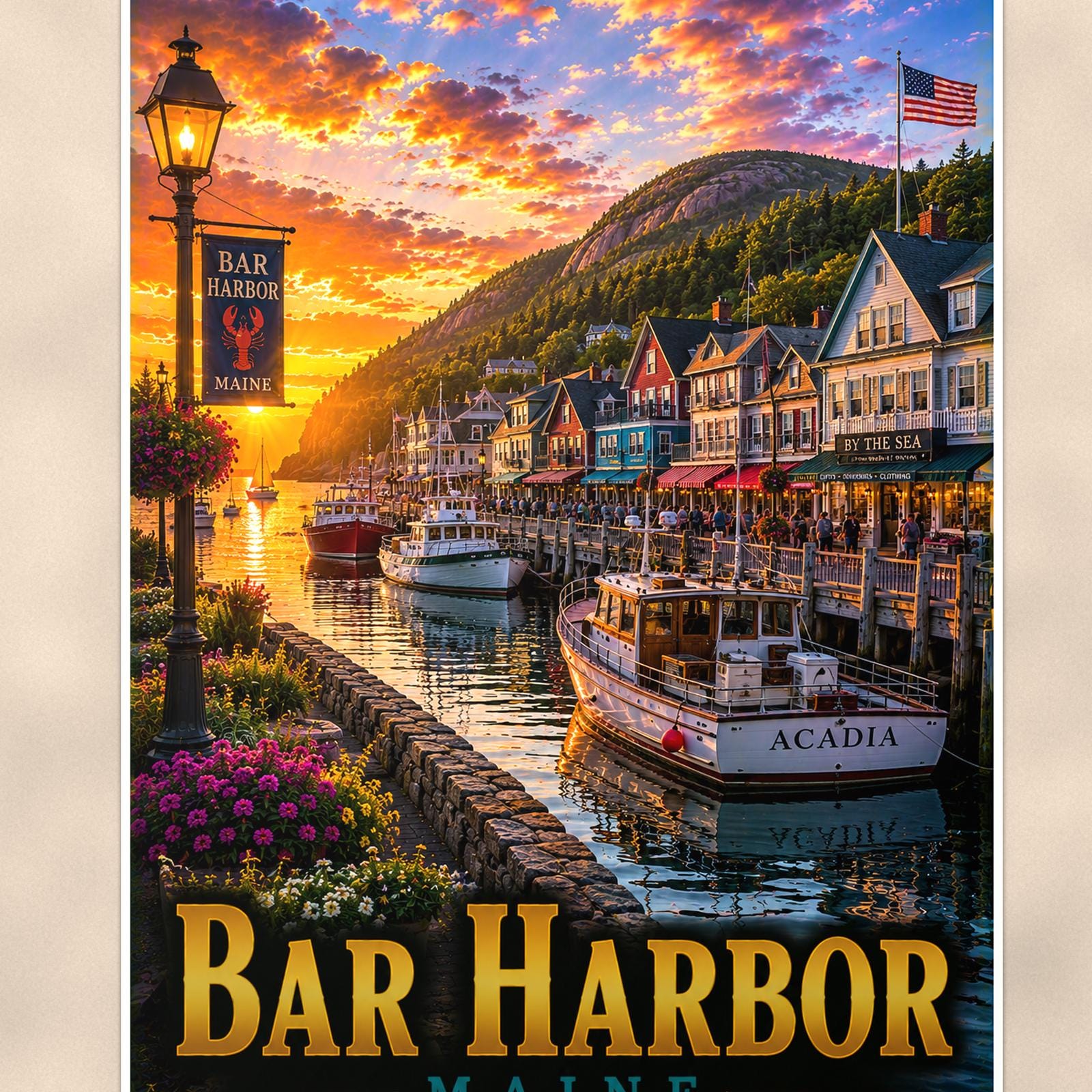 New England coastal town — 24x36 in art print poster, premium luster paper with a white border; close-up framed on the main subject of the artwork, paper surface visible.