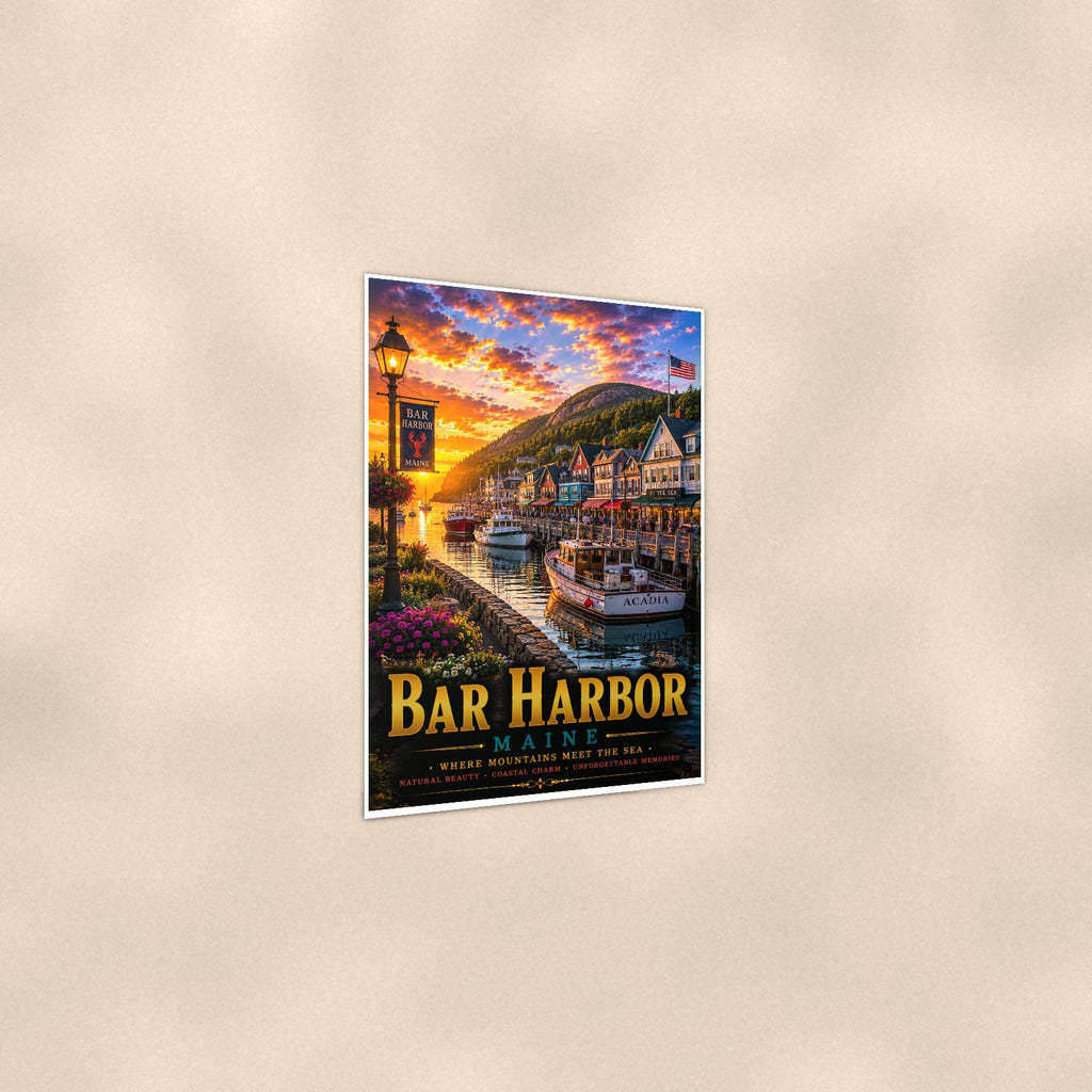 New England coastal town — 24x36 in art print poster, premium luster paper with a white border; gentle three-quarter angle on a warm wall, showing the flat paper edge.