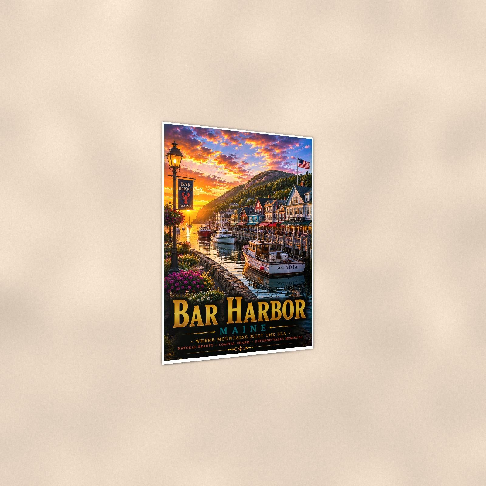 New England coastal town — 24x36 in art print poster, premium luster paper with a white border; gentle three-quarter angle on a warm wall, showing the flat paper edge.